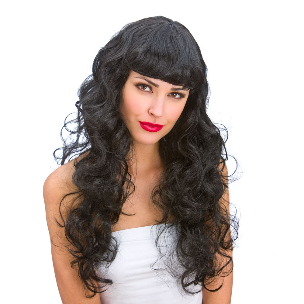 Ladies Long Curly Wig Adults Brown Black Blonde Fancy Dress Fringed Wig