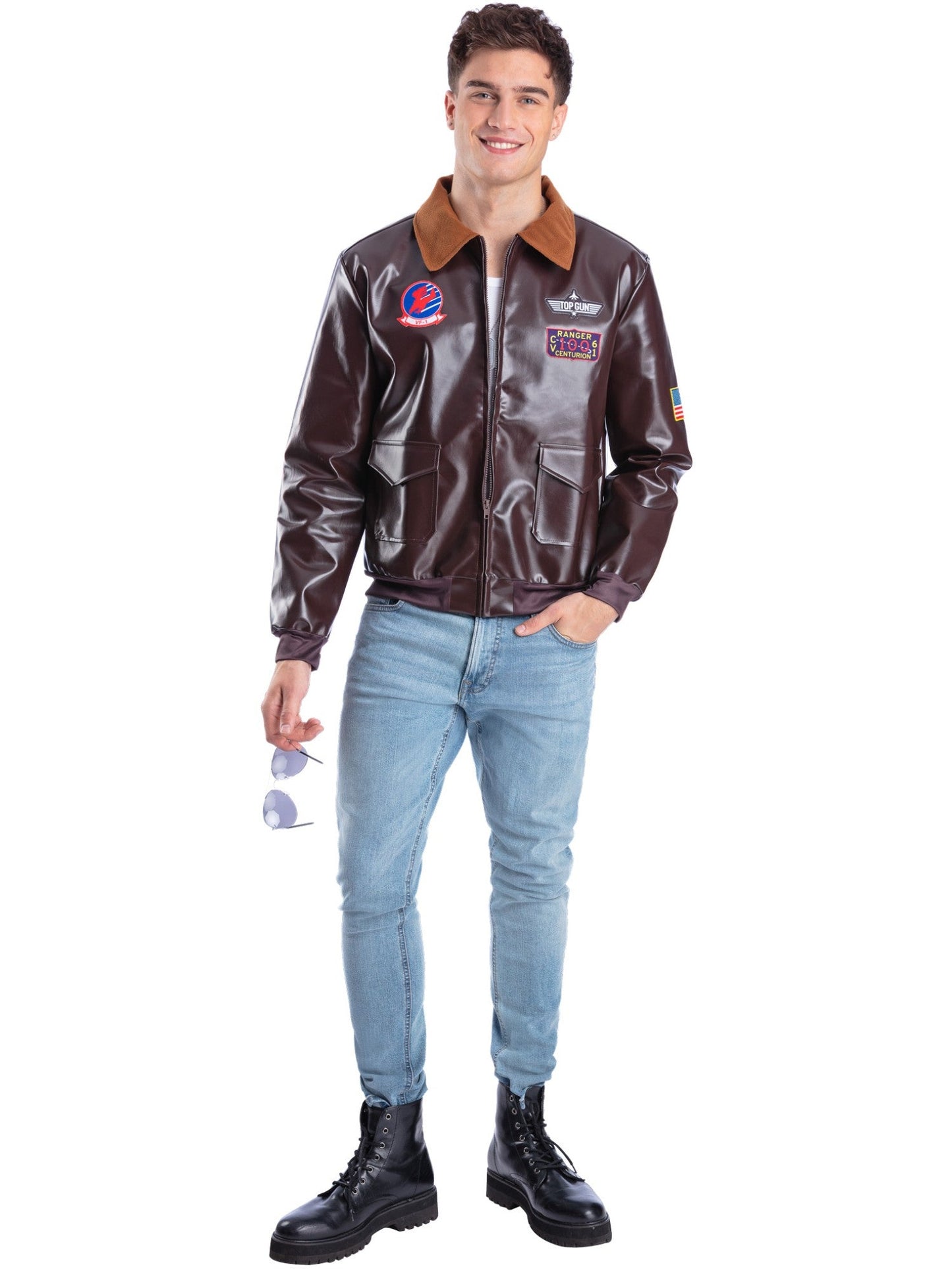 Adults Top Gun Licensed Faux Leather Jacket Official Mens 80s Fancy Dress