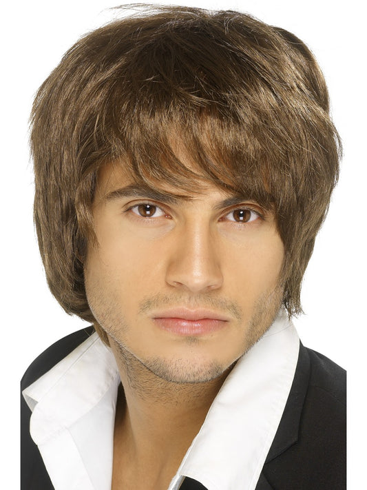 Brown Boy Band Wig Mens Short Pop Star Celebrity Fancy Dress Accessory