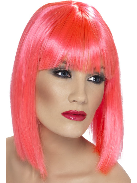 Ladies 80s 1980s Glam Fancy Dress Wig Neon Pink Hen Party New Short Bob