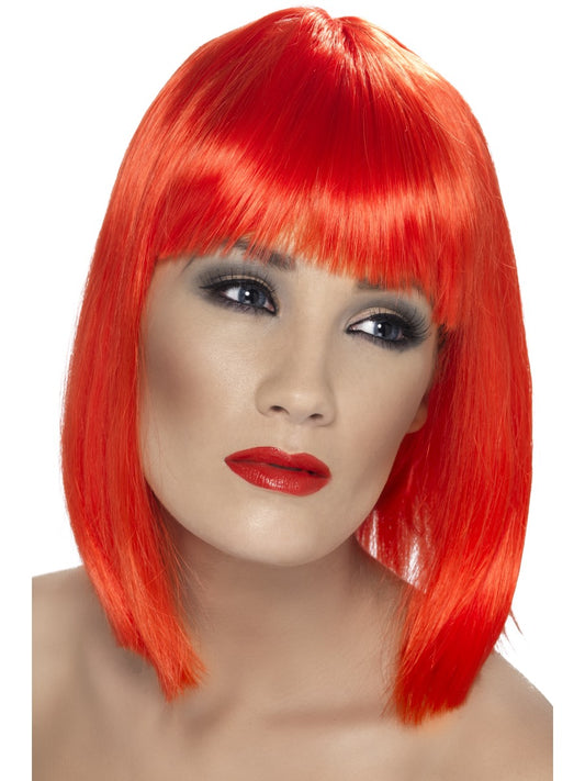 Adults Neon Red Glam Wig Short Blunt with Fringe Womens Fancy Dress