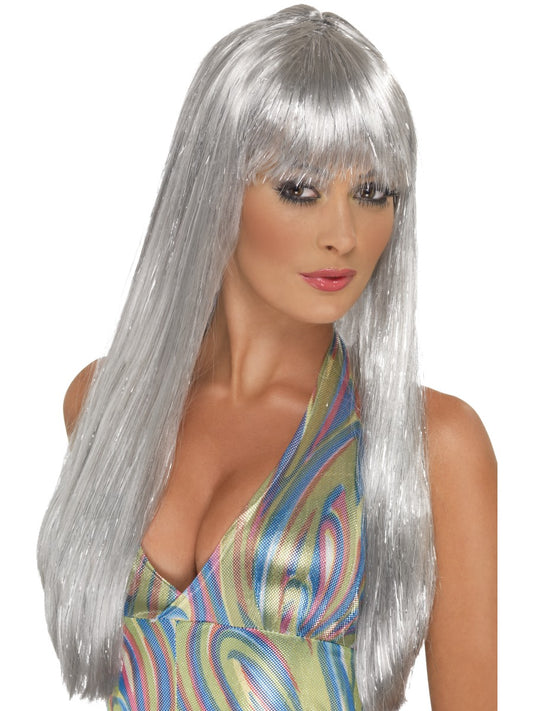 Silver Glitter Wig 60s 70s Disco Long Glamour Fancy Dress Accessory