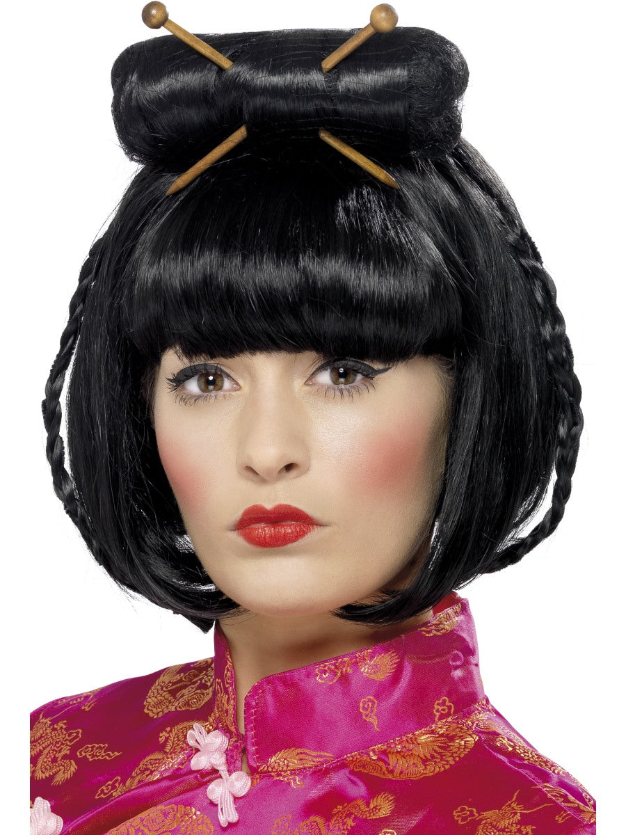 China Girl Oriental Wig Black Chopsticks Ladies Chinese Fancy Dress