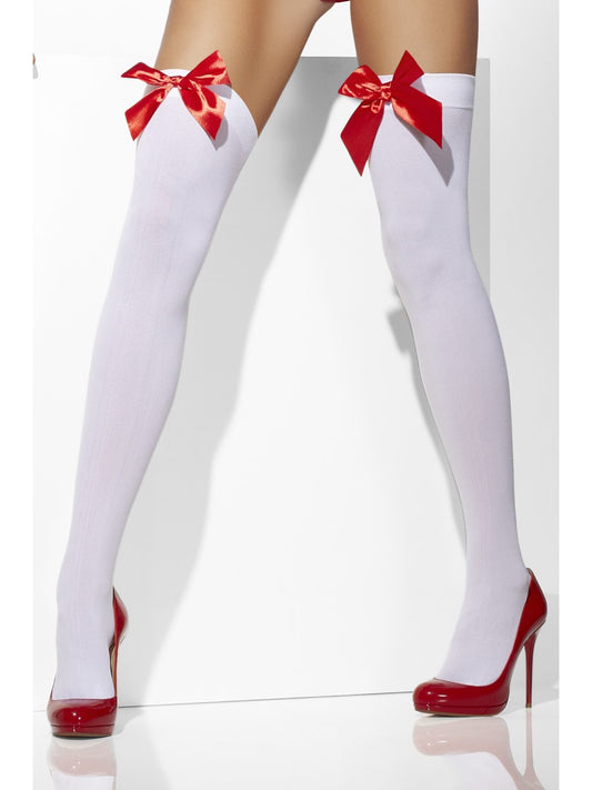 White hold Ups With Red Bow Ladies Fancy Dress Accessory One Size