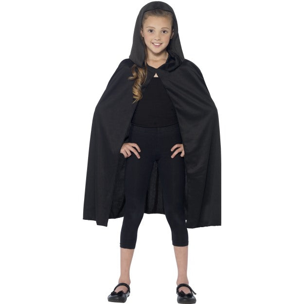 Black Cape With Hood Kids Hero Villian Childrens Fancy Dress Costume Accessory