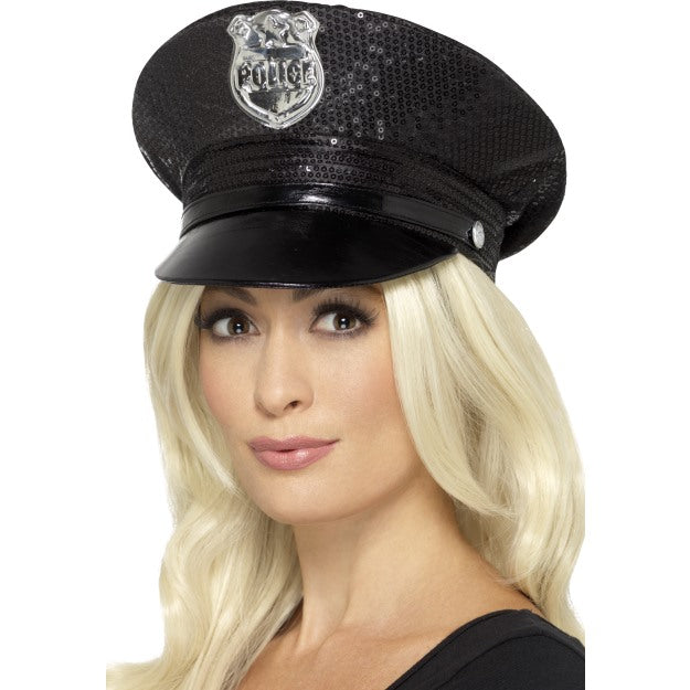 Black Police Hat Sequin American Cop With Badge Adults Fancy Dress Acessory