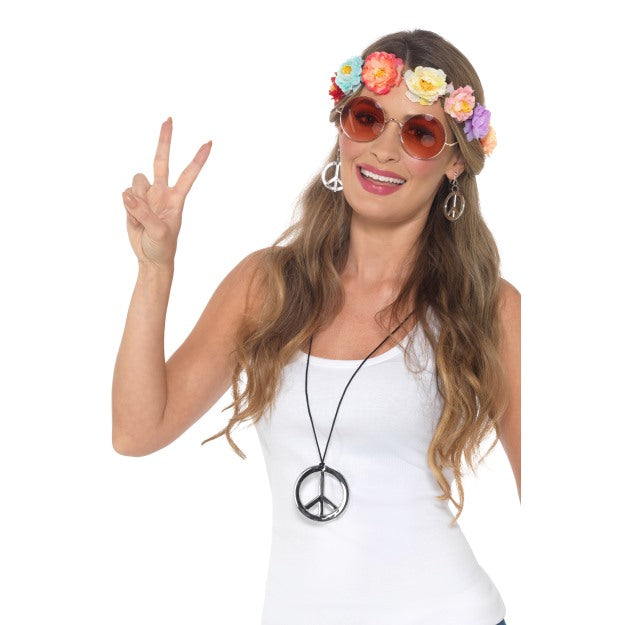 Hippy Kit Adults 1960s 70s Fancy Dress Hippie Earrings + Peace Sign Kit + Headband