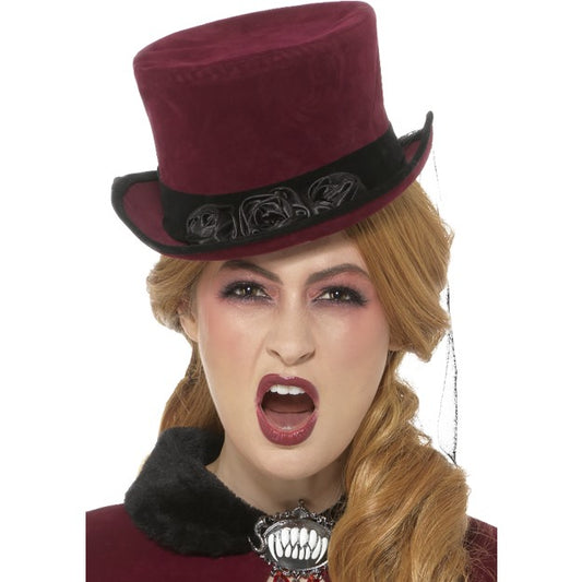 Burgundy Victorian Vampiress Hat With Veil Adults Vampire Fancy Dress