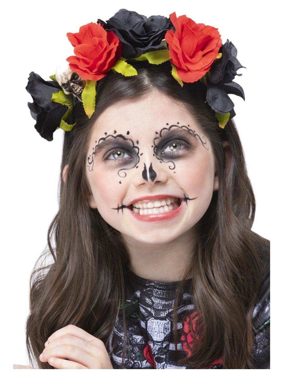 Kids Day of the Dead Rose Headband, Black & Red