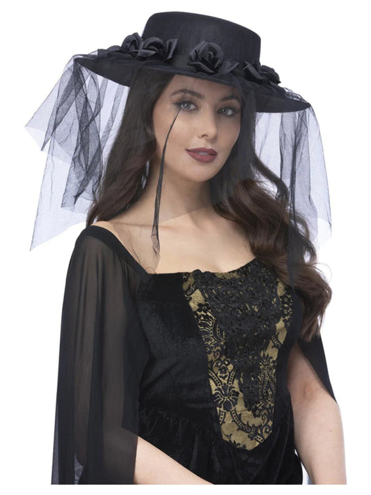 Gothic Black Widow Funeral Hat Adults Halloween Fancy Dress Accessory