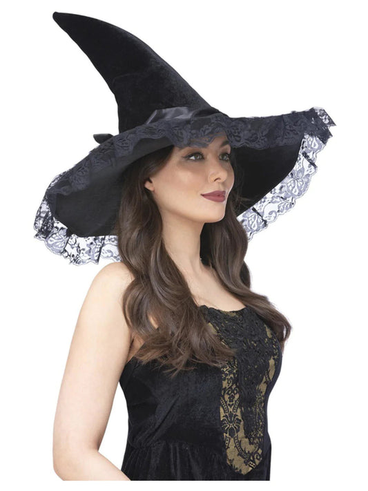 Enchantress Lace Witch Hat Ladies Halloween Witches Hat Fancy Dress Accessory