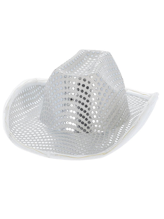 LED Light Up Sequin Cowboy Hat Silver Adults Wild West Fancy Dress Western