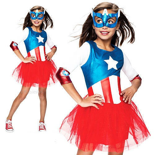 Girls Metallic Captain America Costume Marvel Super Hero Fancy Dress Book Day