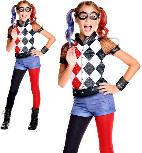 Deluxe Harley Quinn Costume Girls DC Comic Villian Fancy Dress Kids Official