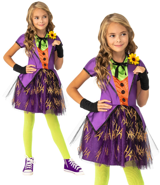 Deluxe Purple Girls Joker Fancy Dress DC Comic Book Kids Halloween Costume