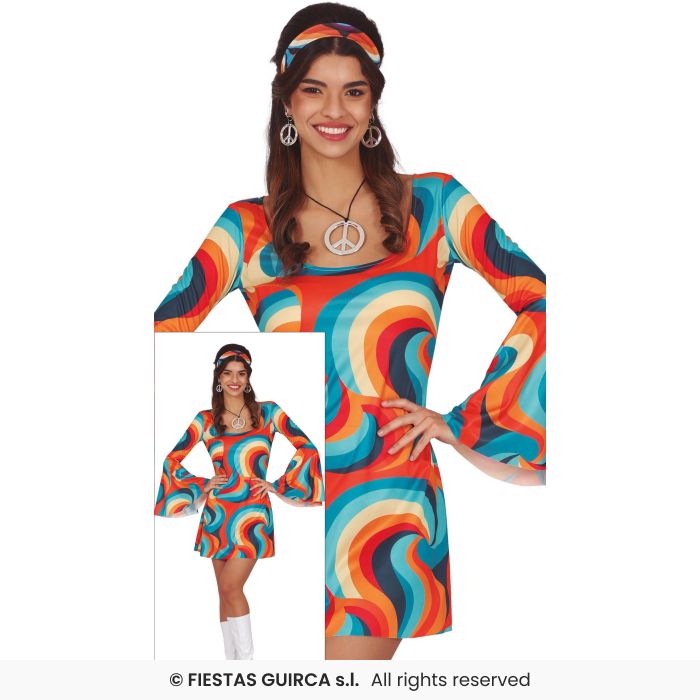 Swirl 70s Dress Disco Retro Shift Dress Adults Fancy Dress Costume Ladies UK 8-18