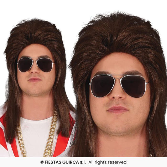 Mens 70s Wig Brown Mullet Retro Disco Fancy Dress Accessory Adults
