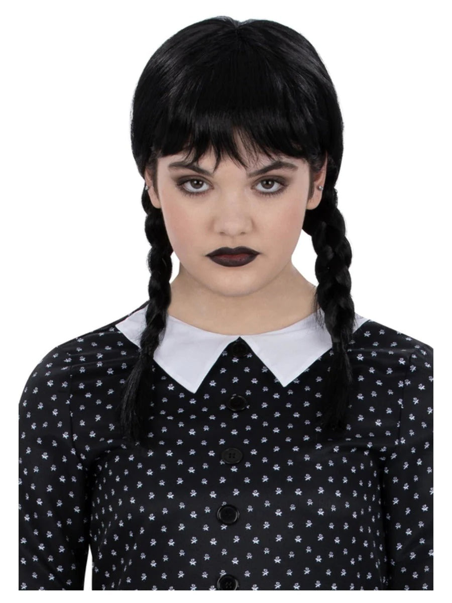 Kids Gothic Schoolgirl Wig Girls Fancy Dress Wig Halloween Black Pleated Plaits