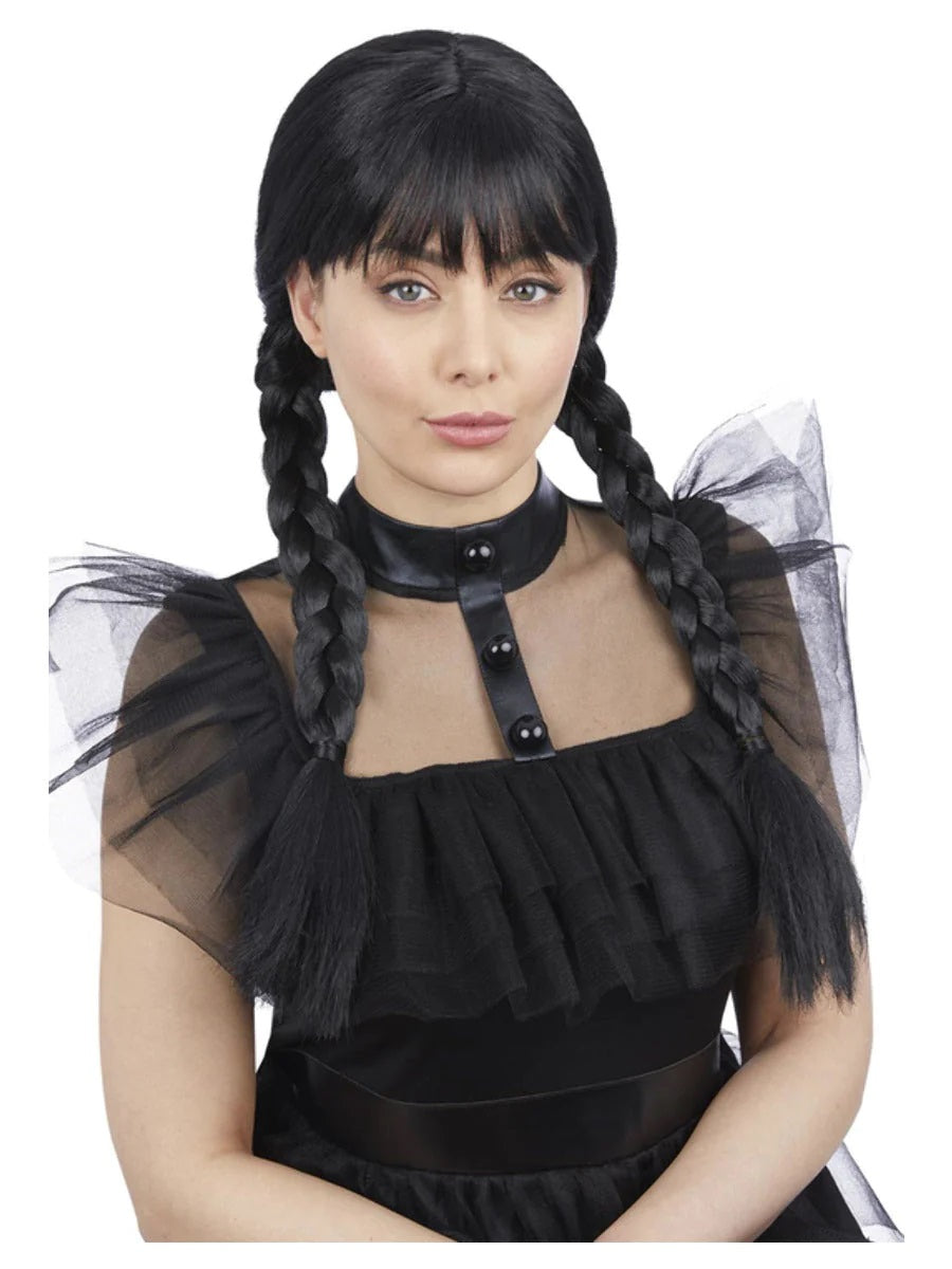 Adult Gothic School Girl Wig Black Pleated Halloween Fancy Dress Accessory