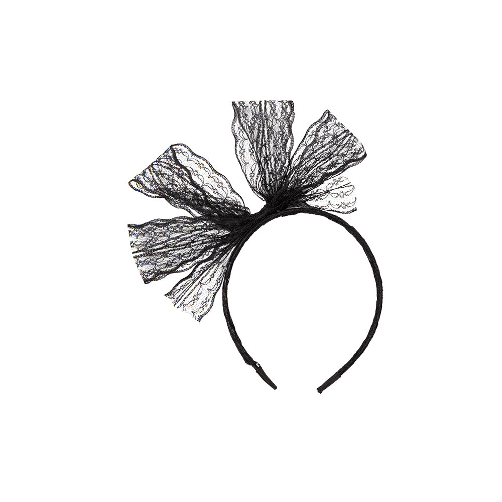 80's Lace Bow on Hairband Black Adults 1980s Fancy Dress Accessory