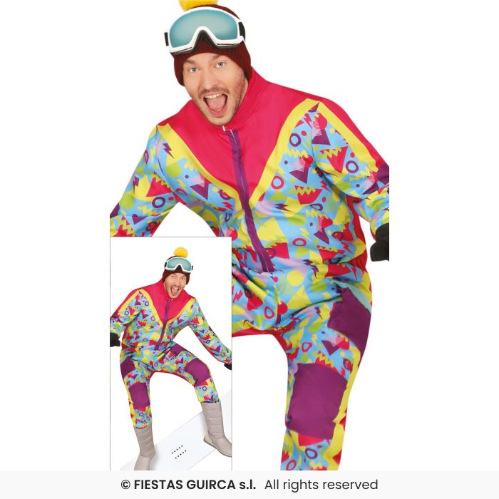 Mens Neon Retro Skier Costume 1980s Fancy Dress Outfit Ski Instructor M-XL