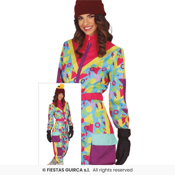 Ladies Neon Retro Skier Costume 1980s Fancy Dress Outfit Ski Instructor M-XL