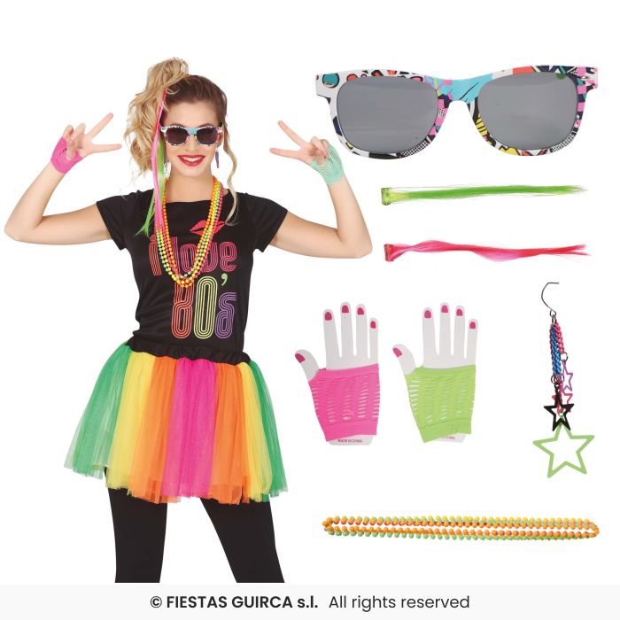 80s Neon Kit Ladies Retro Disco Fancy Dress Costume Kit Wild Child 8 Piece Set