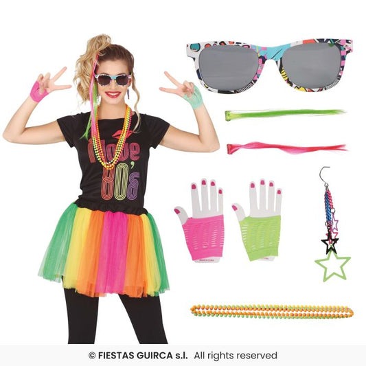80s Neon Kit Ladies Retro Disco Fancy Dress Costume Kit Wild Child 8 Piece Set