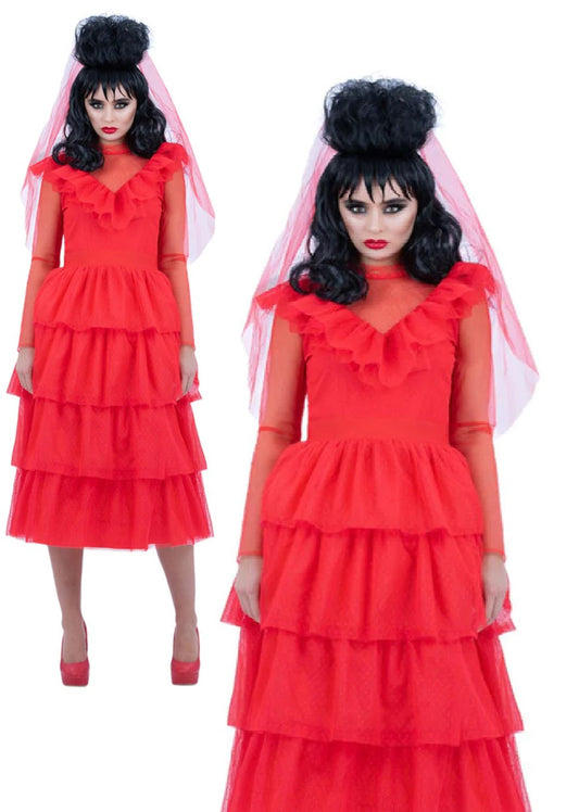 Beetlejuice Lydia Bride Long Dress Costume Halloween Ladies Fancy Dress