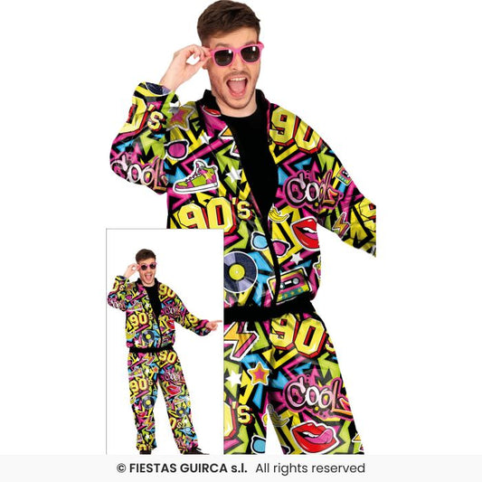 90s Tracksuit Multi Aztec Shellsuit Mens Fancy Dress Retro 1990s Costume M-XL