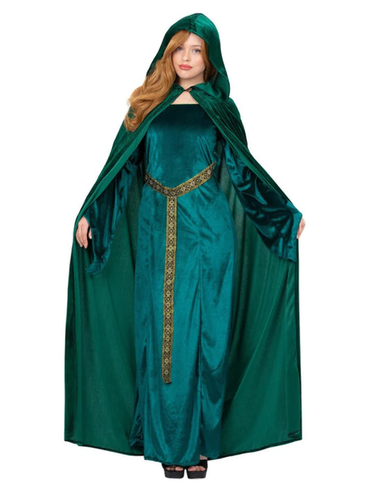 Deluxe Cloak Emerald Green Adults Adults Medieval Fancy Dress Hooded Robe