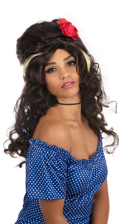 Amy Winehouse Beehive Wig With Red Rose Fancy Dress Costume Accessory