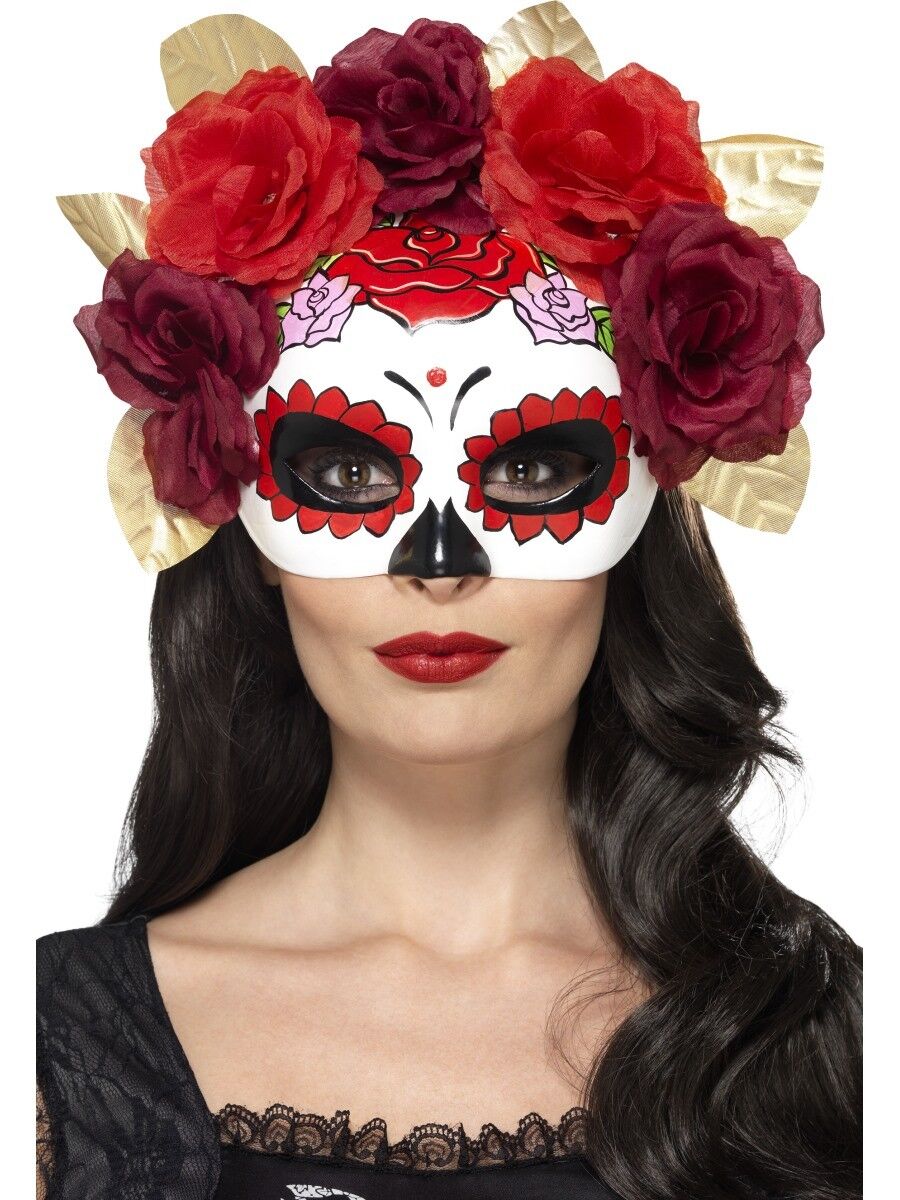 Women's Day Of The Dead Eye Mask & Rose Gothic Halloween Fancy Dress Masquerade