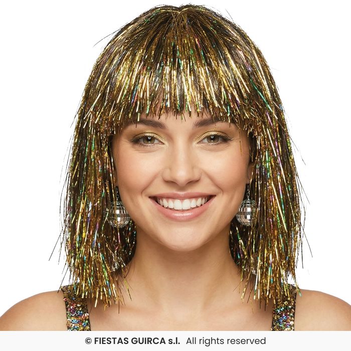 Black Wig With Gold Glitter Adults Fancy Dress Accessory Ladies Tinsel Wig