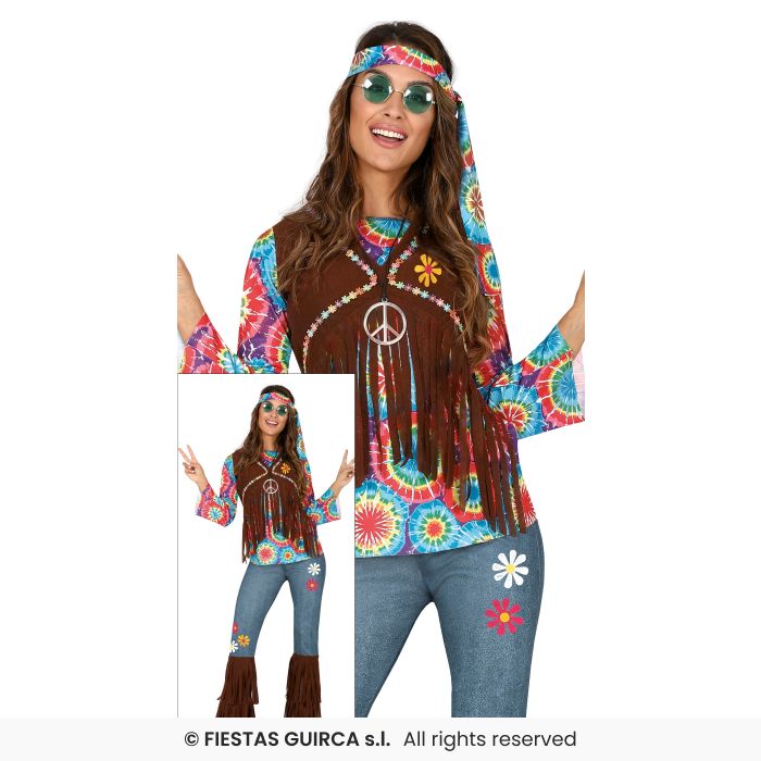 Denim Flower Hippie Dress 70s Flower Power Hippy Retro Ladies Fancy Dress Costume UK 8-18