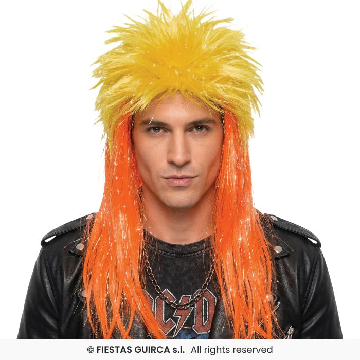 Rocker Wig Orange & Yellow Crimped Rock Star 80s Wig Fancy Dress Ladies Adults