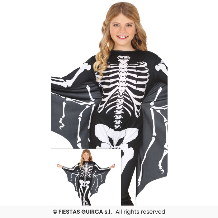 Skeleton Bat Costume Girls Deluxe Halloween Fancy Dress Costume Age 3-12