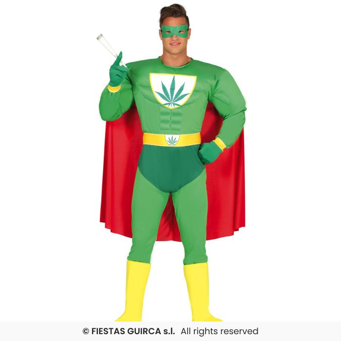 Marijuana Super Hero Padded Chest Mens Superhero Fancy Dress Costume M-XL