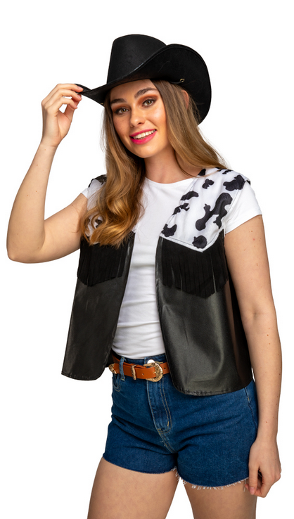 Cowboy Cowgirl Waistcoat Black Cow Print Rodeo Wild West Western Fancy Dress Accessory