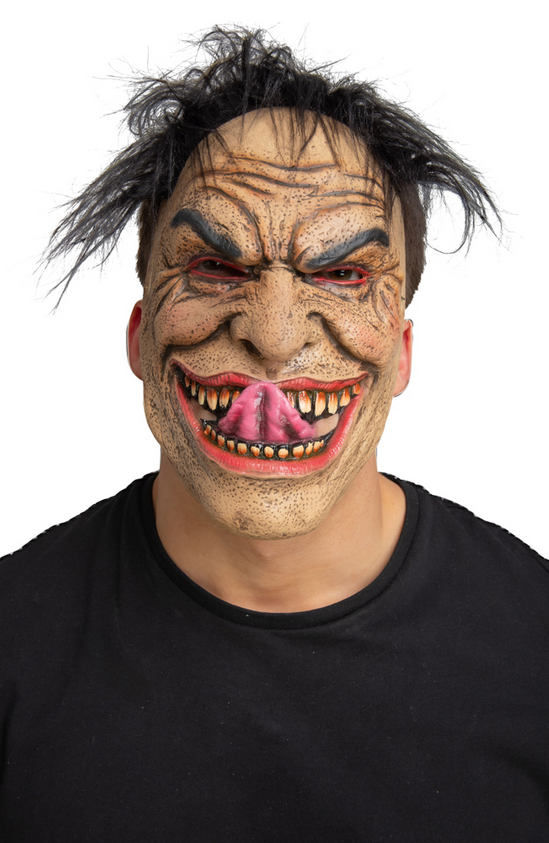 Smiling Freak Latex Mask Adults Halloween Fancy Dress Scary Man Mens + Hair