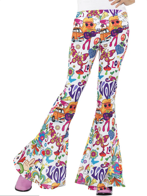 Groovy Flared Trousers Ladies Multi-Coloured Retro Disco 60s Fancy Dress 70s UK 8-10