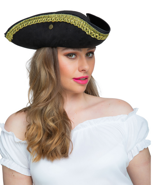 Deluxe Pirate Hat Black & Gold Suede Adults Fancy Dress Tricon Hat Mens Ladies