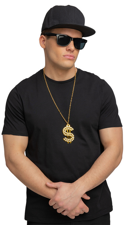 Bling Dollar Necklace Pimp 80s Gangster 70s Disco Fancy Dress Gold Dollar Chain