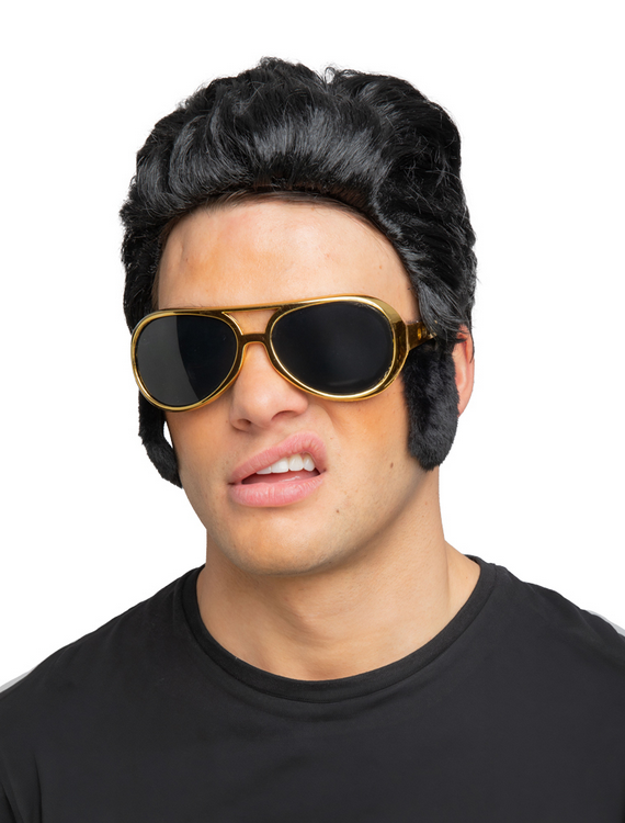 Rock And Roll King Glasses 50s Gold Glasses With Black Sideburns Fancy Dress