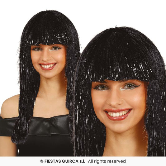 Tinsel Wig Ladies Long Black Tinsel Fancy Dress Wig Adults Accessory
