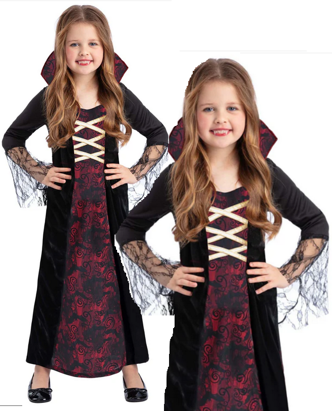 Vampiress Costume Girls Halloween Fancy Dress Outfit Kids Vampire Age 4-12