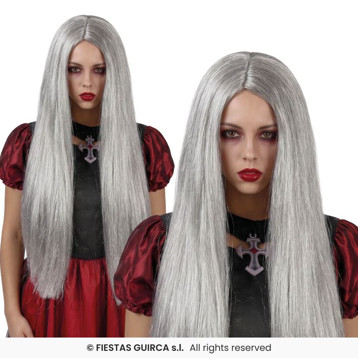 Grey Witch Wig Ladies Halloween Straight Silver Wig Fancy Dress Accessory