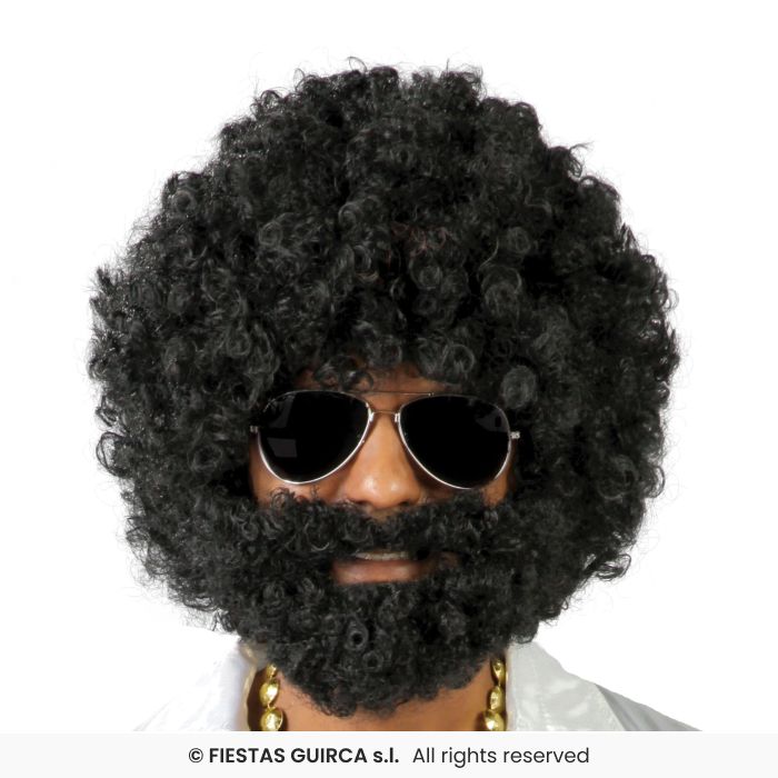 Black Afro Wig With Beard 1970s Retro Disco Mens Fancy Dress Curly Wig