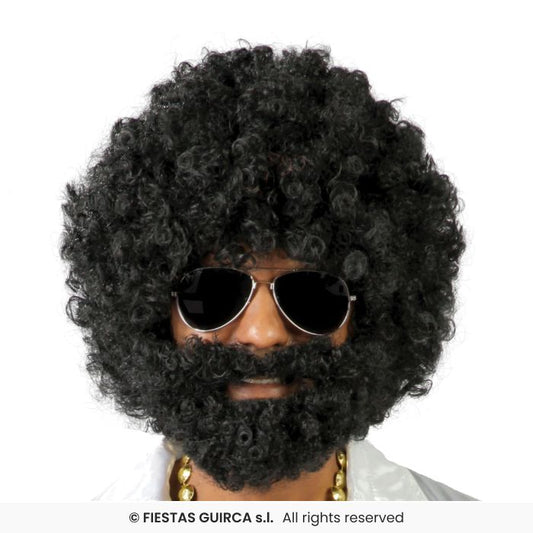 Black Afro Wig With Beard 1970s Retro Disco Mens Fancy Dress Curly Wig