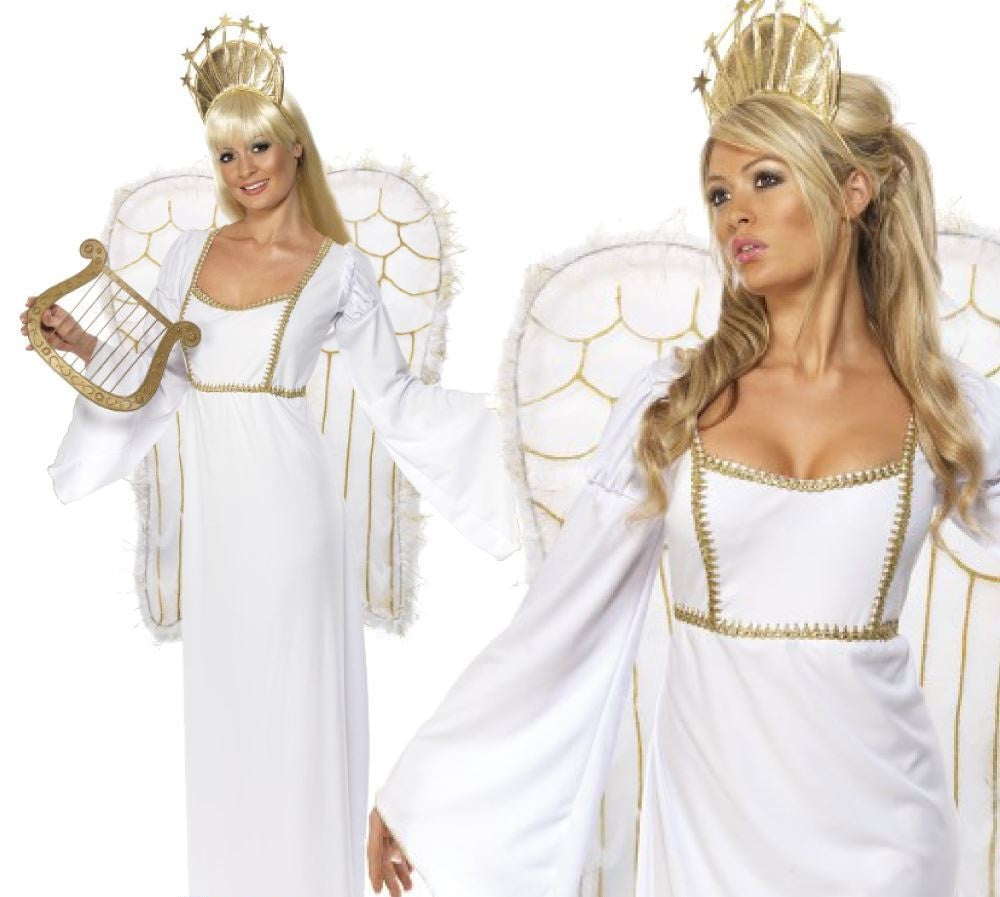 Womens Deluxe Angel Costume +Wings Ladies Christmas Fancy Dress UK 8-18